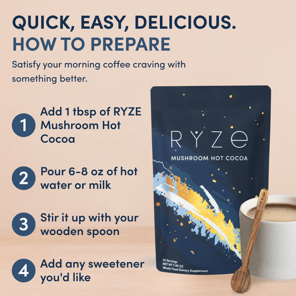 RYZE Mushroom Hot Cocoa — Organic Instant Cocoa with L-Theanine & Melatonin, 20 Servings Y9