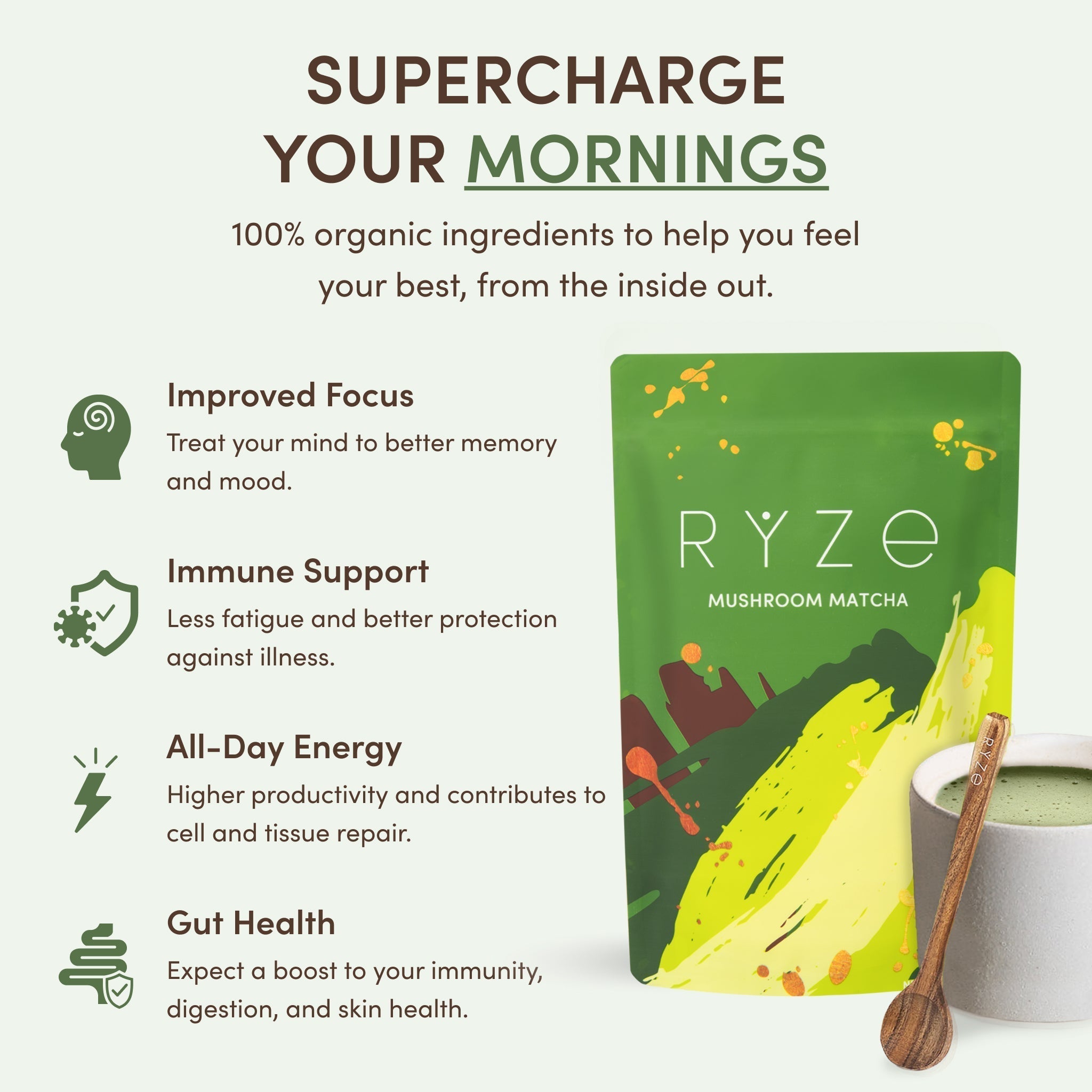 RYZE Mushroom Matcha — Organic Instant Matcha Latte with Lion's Mane & King Trumpet, 30 Servings E0