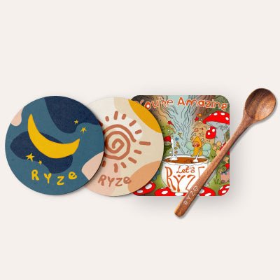 Coasters + Mushroom Magnet + Acacia Spoon Q8