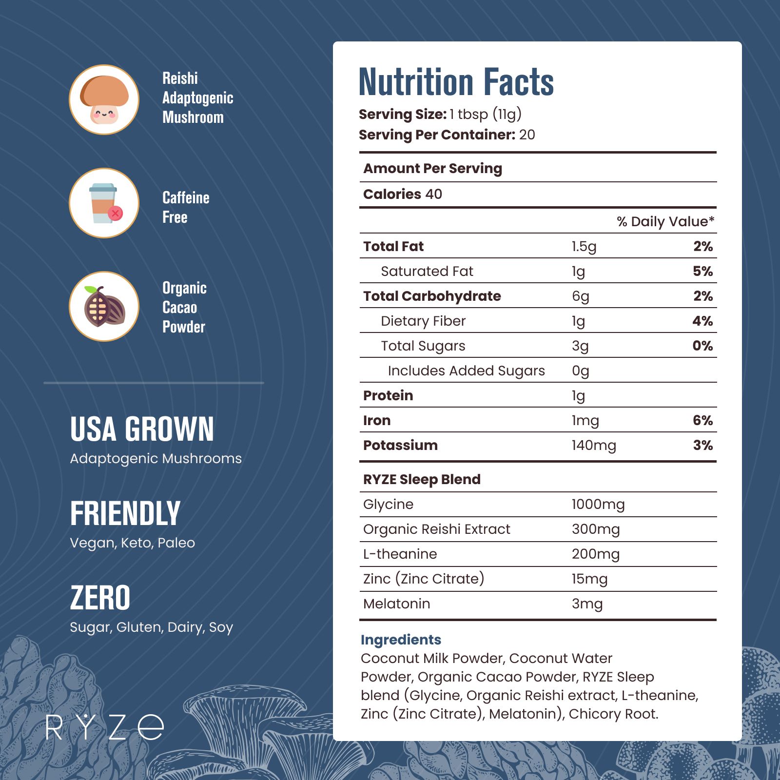 RYZE Hot Cocoa - with 6 Sleep Superfoods to Help Fall Asleep and Stay Asleep G8