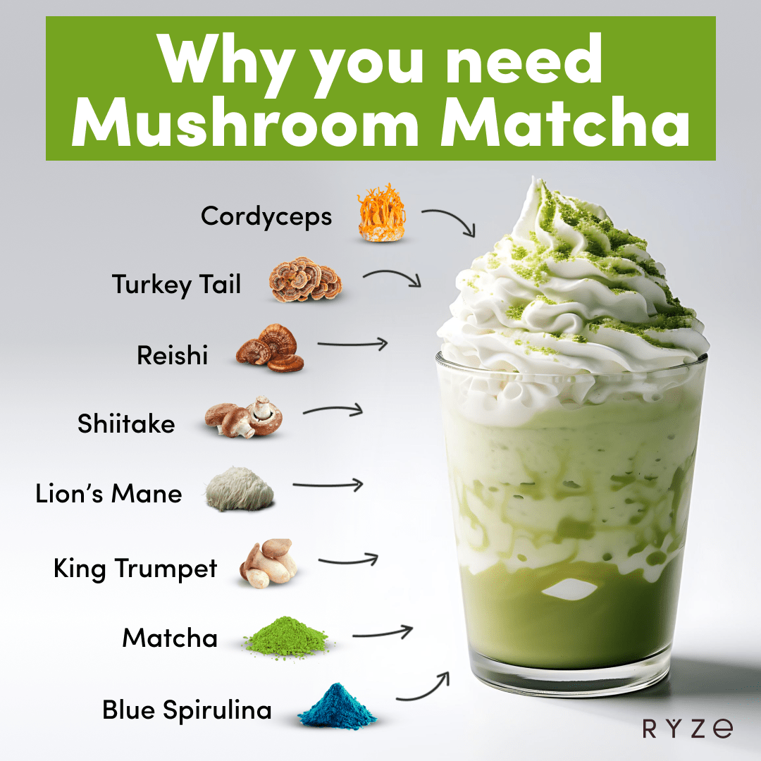 RYZE Mushroom Matcha - with 6 Organic Adaptogenic Mushrooms Grown In USA and Ceremonial-Grade Japanese Matcha U1
