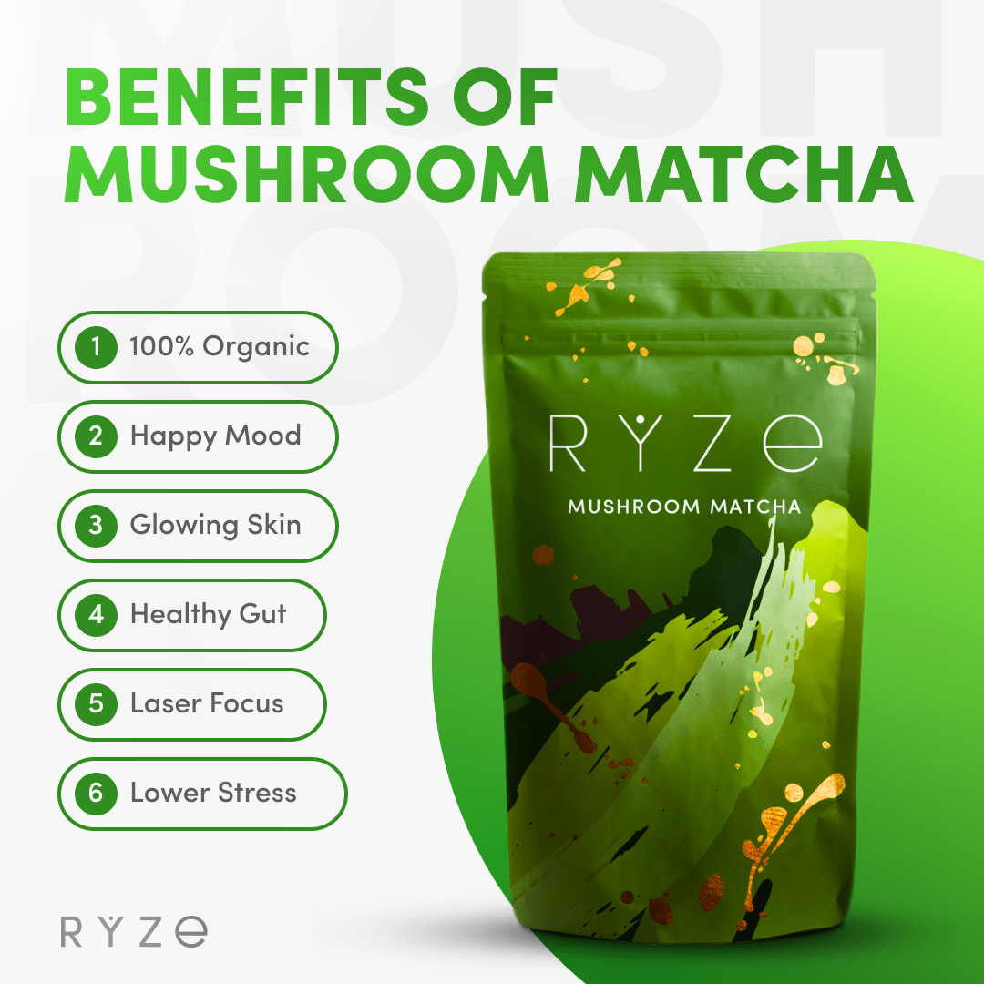 RYZE Mushroom Matcha - with 6 Organic Adaptogenic Mushrooms Grown In USA and Ceremonial-Grade Japanese Matcha U1